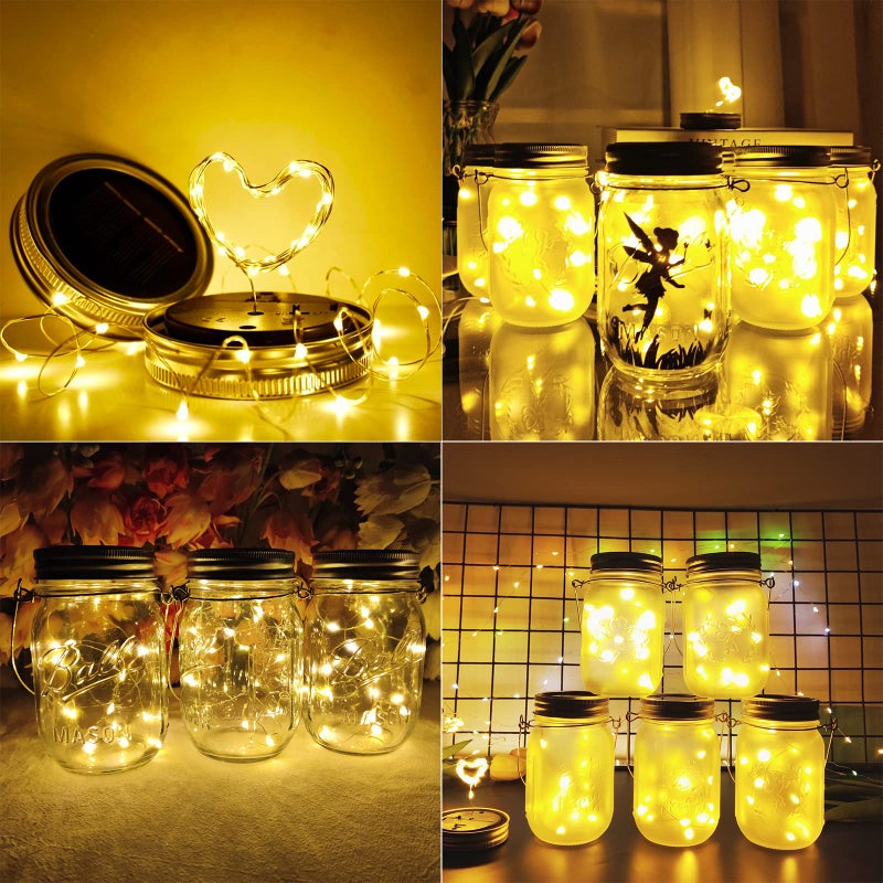 SmilingTown Solar Mason Jar Lights 10 Pack 20 LED Waterproof Outdoor Fairy Firefly String Light Lids with 10 Hangers Rust Resist for Patio Lawn Garden Wedding Lantern Decor No Jars (Warm White) - Image 3